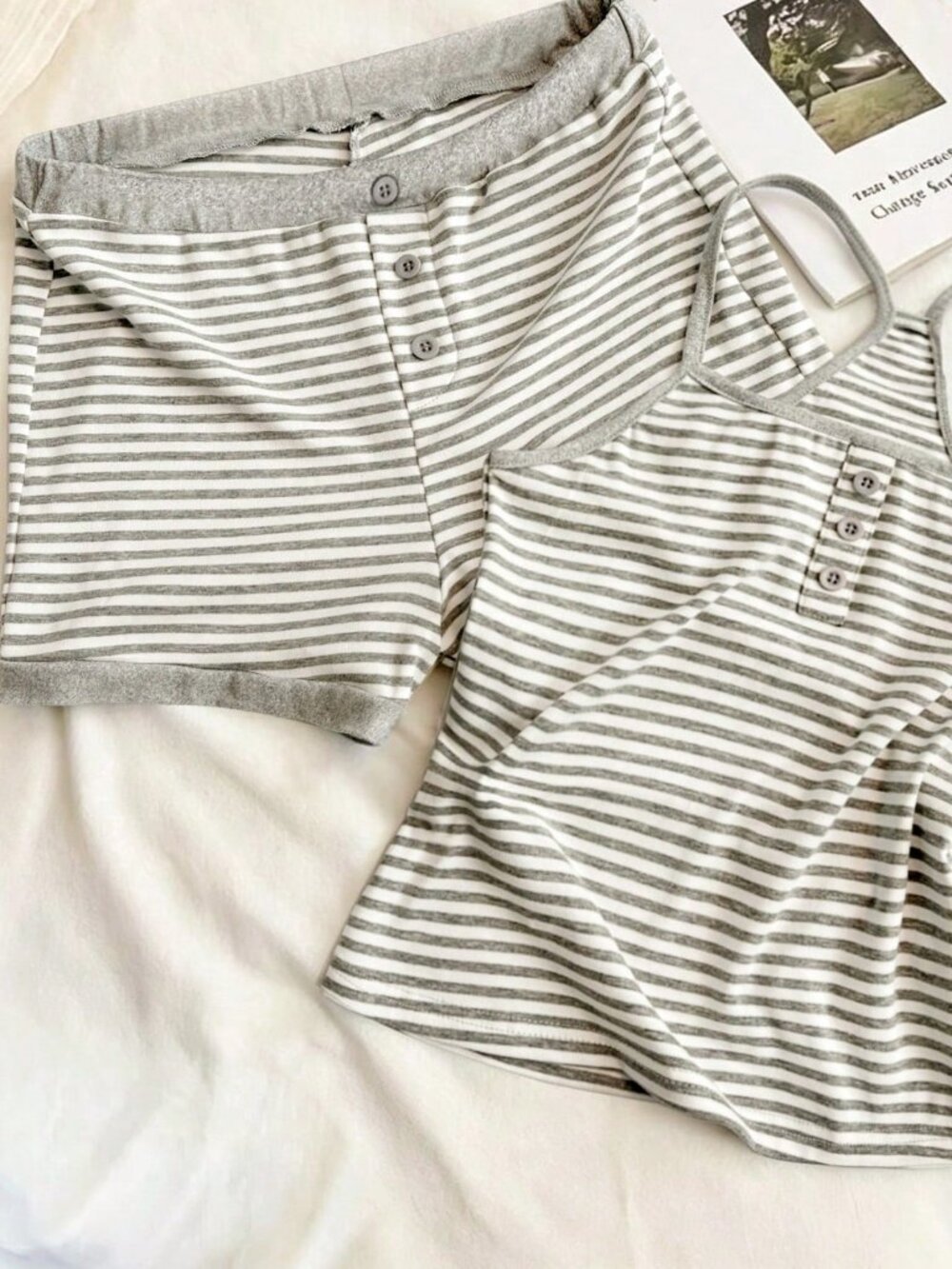 Light Grey Casual Women's Striped Camisole Top And Shorts Set